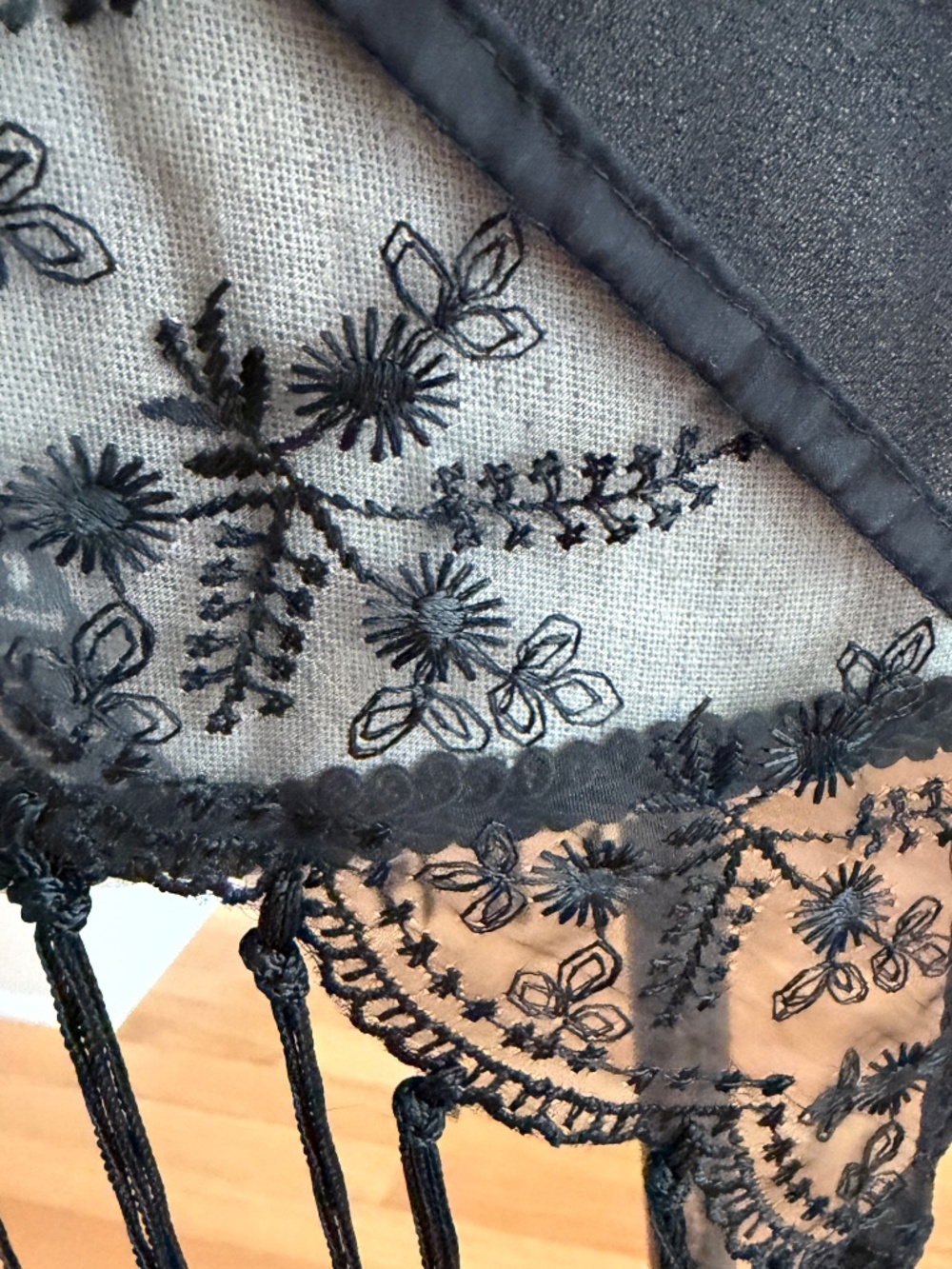 Black Dressy Shawl Wrap with Fringe and Lace Semi Sheer - Picture 5 of 9